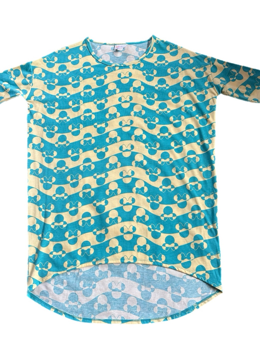 LuLaRoe Teal and Cream Disney Short Sleeve Minnie Patterned Top
